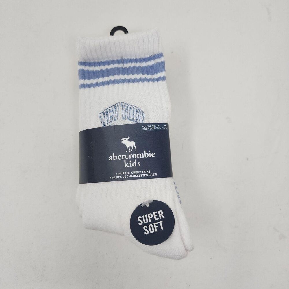 Abercrombie Kids Socks Youth XS White Striped City Crew 3 Pack Super Soft
